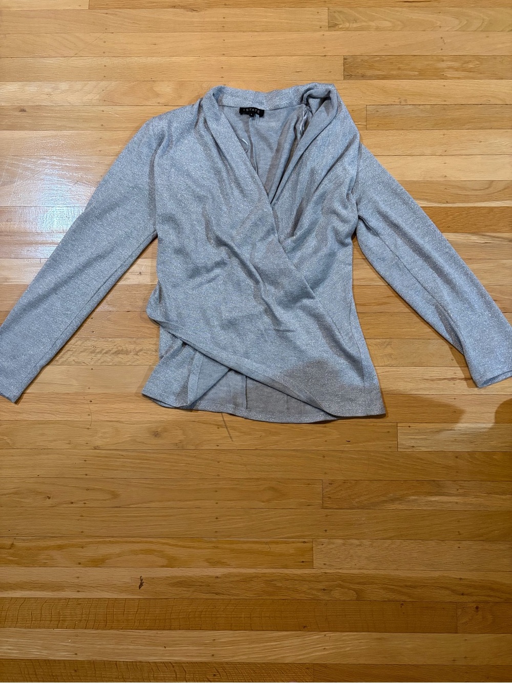 Shimmery Silver Wrap Blouse with Draped V-Neck